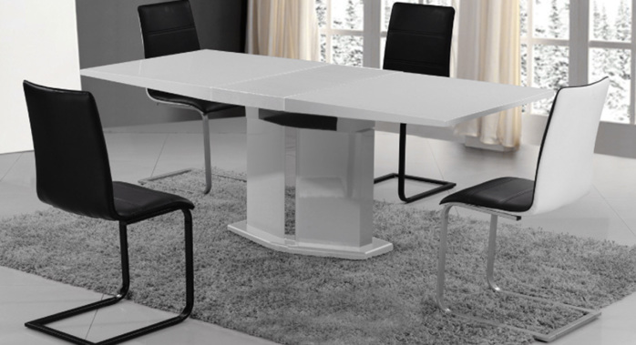 mesa comedor lacada en alto brillo y acero extensible central